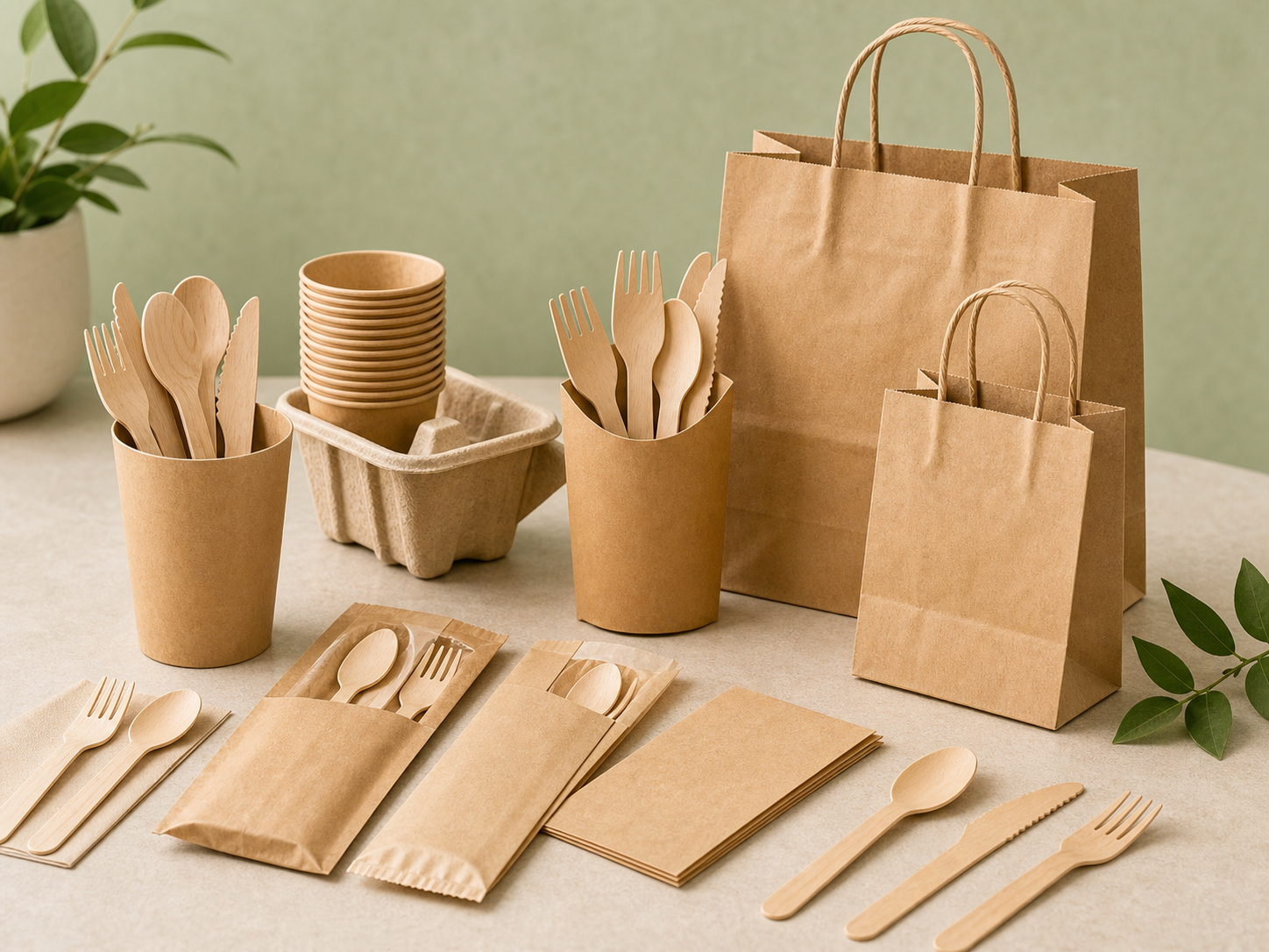 Disposable wooden cutlery sets and kraft paper bags