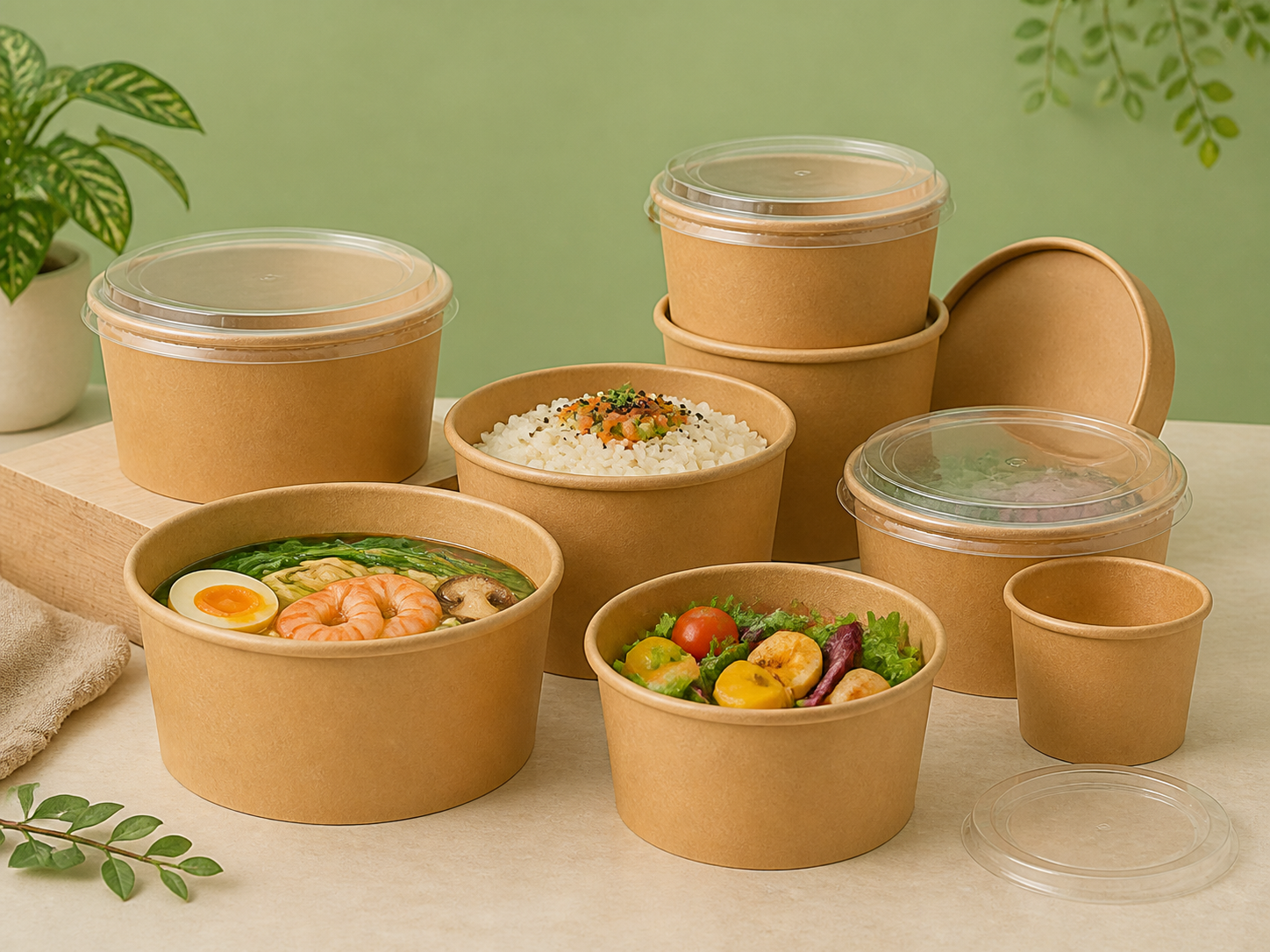Leak-proof disposable paper bowls for soup, noodles and rice